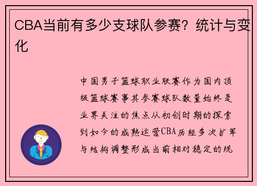 CBA当前有多少支球队参赛？统计与变化